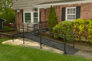 Black wheelchair ramp exterior of front of home
