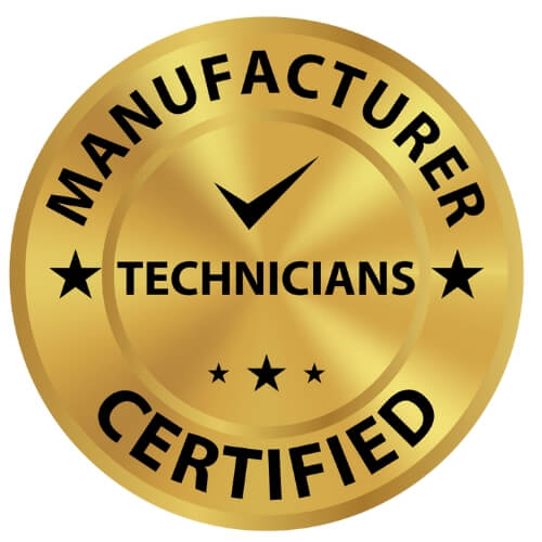 Manufacturer Certified Technicians Gold badge with Manufacturer Certified Technicians text, a checkmark in the center, and a subtle stairlifts icon.